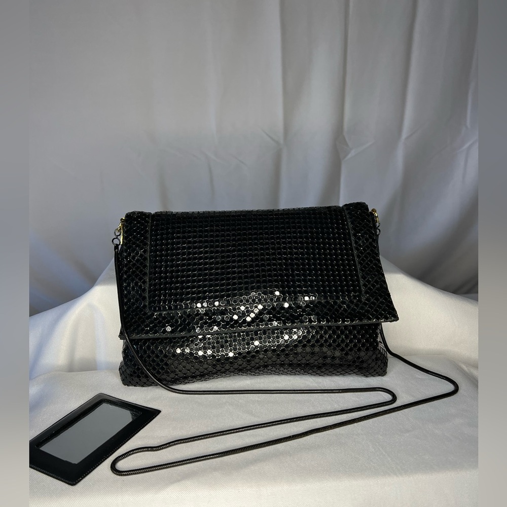 Shimmery black Crossbody women’s evening bag with small mirror